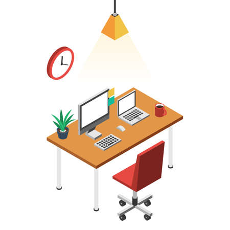 Desk with computer, comfortable office chair red and clock. Workplace freelance concept. Vector color illustration isometric flat style for the design of web banners and print promotionsのイラスト素材