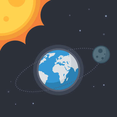 Earth with moon and sun, stars. Concept Vector space banner icons for online  web design or printのイラスト素材