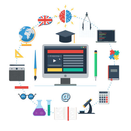 E-learning concept, IT Communication, internet network as knowledge base. Set of flat design icons for web and mobile services and apps. Vector Icons for online education for web design banner or printのイラスト素材