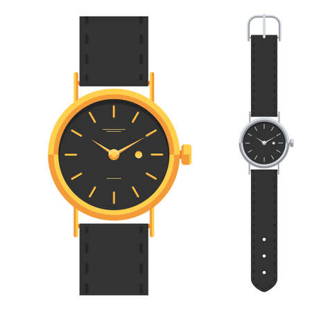 Gold and silver watches, classic design luxury watch set. Hand watch. Vector illustration sign isolated on white backgroundのイラスト素材