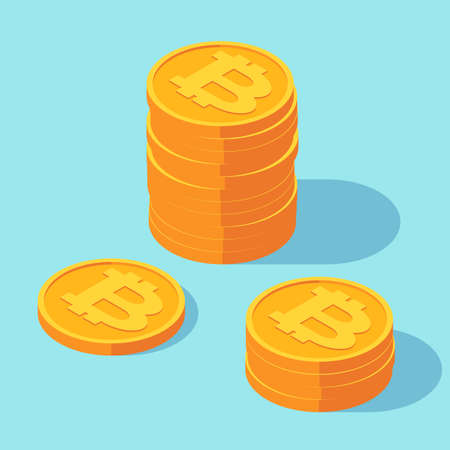 Gold stack of bitcoins cryptocurrency coins. Money icon in isometric style. Business concept, finance and Internet online payment system. Vector illustration sign on a blue backgroundのイラスト素材