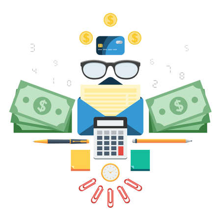 Finance set: calculator, money, paper, glasses, calendar, pen, credit card, envelope, tax. Concept invoice vector illustration in flat style design for web design banner on site or printのイラスト素材