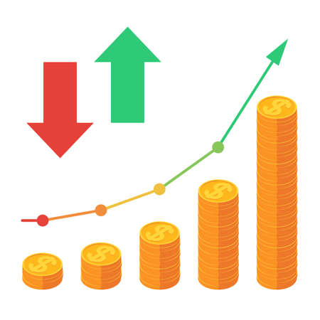 Piles of coins with going up the graph, red down arrow and green up arrow. Concept for financial growth. Vector illustration isometric designのイラスト素材