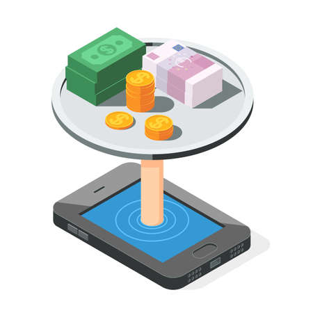Smartphone cash money and gold coins, dollar and Euro. Mobile banking and online payment concept.  Vector illustration flat Isometric design isolatedのイラスト素材