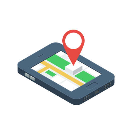Mobile GPS navigation concept. Isometric Smartphone with city map application and marker pin pointer. Vector illustration isolated for white backgroundのイラスト素材