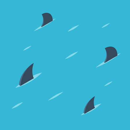 Group of shark at sea. Danger ocean concept. Pattern of shark fins on a blue background. Vector colorful illustration isometric flat styleのイラスト素材