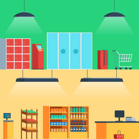 Shop, supermarket interior: entrance, showcase checkout Vector illustration in flat style for web banners and printのイラスト素材