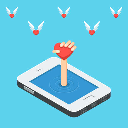 Isometric smartphone the concept of social media network. Heart in hand on the background of flying hearts. Vector illustration for design of web banners and promotional materialsのイラスト素材