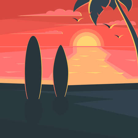 Sunset on the beach with surf and palm tree. Sea landscape. Seagulls in the sky at sunset. Vector illustration design for web banner, print promotional materials or greeting cardsのイラスト素材