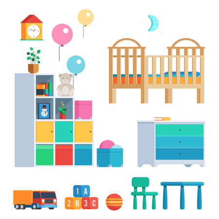 Baby room set with furniture and toys, balloons, clock and lamp. Vector illustration in trendy design isolated on white background for publications and promotional materialsのイラスト素材