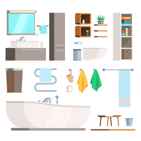 Bathroom Furniture and equipment set. A template to create a scene of the interior. Vector illustration in trendy design isolated on white background for publications and promotional materialsのイラスト素材
