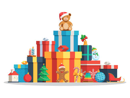 Big pile of colorful wrapped gift boxes and toys, Christmas balls, candy, candles, Gingerbread man, Christmas tree, bear in a Santa hat. Flat style vector concept holiday illustration Isolated on white backgroundのイラスト素材
