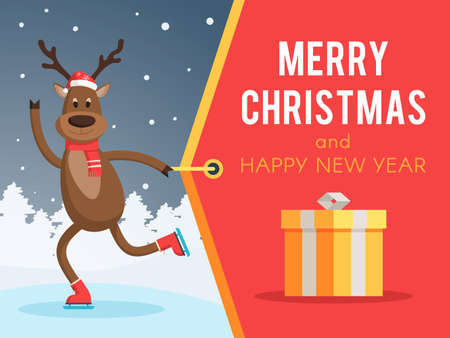 Christmas deer on skates and a Santa hat pulling a banner merry Christmas and Happy New year. Vector illustration for holiday design web banner or greeting cardのイラスト素材
