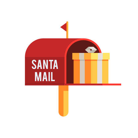Christmas outdoor mailbox with gift box. Holiday mail a letter to Santa Claus. Christmas flat vector illustration icon for web design or greeting cardのイラスト素材