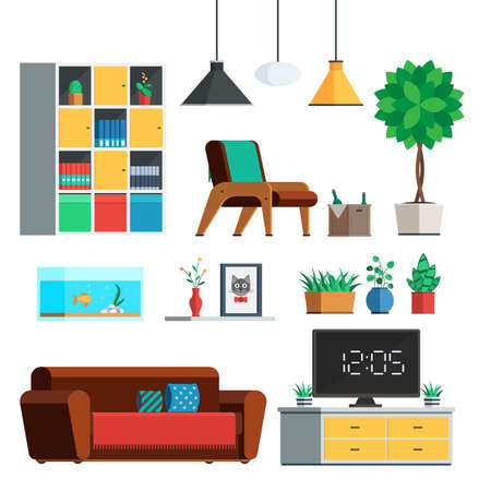 Furniture Interior set. Living room: lamp, wardrobe, plants, sofa, TV, painting, tree, shelves chair Flat style trendy vector illustration sign isolated on white backgroundのイラスト素材