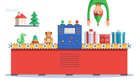 Elf making gifts for Christmas and the New year. The concept of a linear conveyor with toys. Vector colorful illustration in flat style for web banner design, blog post or printのイラスト素材