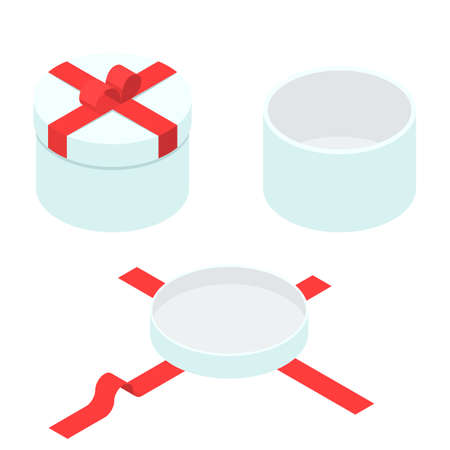 Gift box of round shape with red ribbon in the open and closed form. Vector illustration of a trendy style isometric isolated on white background template for holiday designのイラスト素材