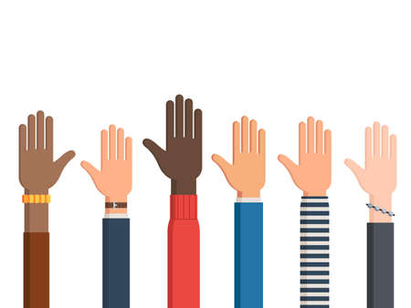 Different human rights hands and one left hand with sleeves and accessories palm up. Vector illustration isolated on white backgroundのイラスト素材