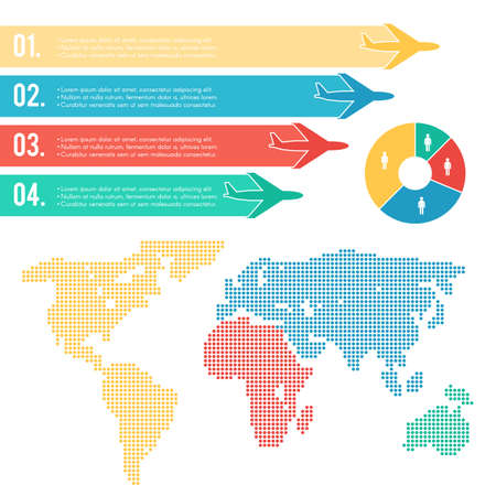 Infographic air travel elements set: human, world map, background with colorful airplanes. Vector Illustration flat design for template presentation web and printed materialsのイラスト素材