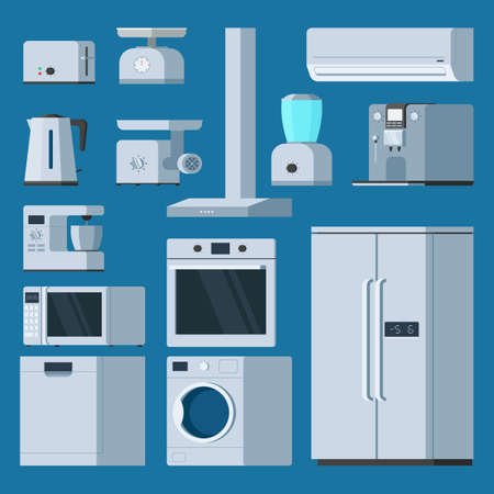 Kitchen equipment object set: fridge, toaster, coffee machine, washing machine, air conditioner, meat Mincer, microwave, kettle. Vector illustration trendy flat style designのイラスト素材