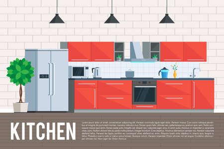 Kitchen interior design. Furniture and kitchen appliances objects, elements and equipment. Flat Design Vector Illustration trendy flat graphic design concept for web banner and printed materialsのイラスト素材