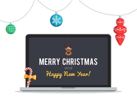 Laptop with Christmas Greetings and New Year screen Christmas toys and balls. Vector illustration on white background for design holiday web banner or greeting cardのイラスト素材