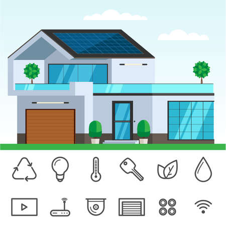 Smart house with solar panel on the roof. Concept of ecology house, technology icon set. Vector Illustration trendy flat design for web and printed materialsのイラスト素材