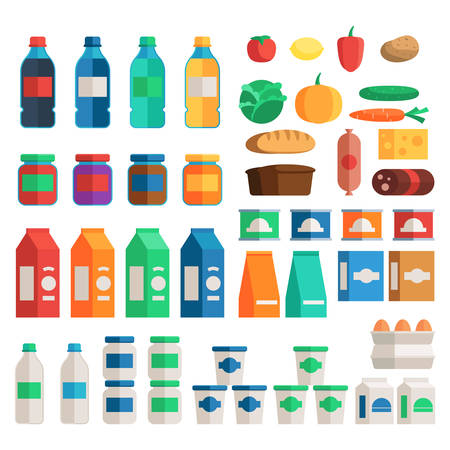 Supermarket food symbol set with bread, drinks, juices, vegetables eggs milk products. Vector illustration sign isolated on white backgroundのイラスト素材