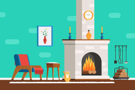 Living room interior with furniture: cozy armchair, fireplace, table, picture, clock, tools and the cat. Flat style vector illustrationのイラスト素材