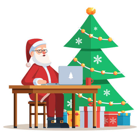 Modern Santa Claus sitting at Desk and working on his laptop. Christmas tree with gift boxes. Festive Vector illustration of a trendy flat style designのイラスト素材