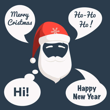 Santa Claus face cut out  mask and holiday speech bubbles with various messages. Santa portrait of the face, moustache, beard and red Santa hat. Icon silhouette of Santa. Christmas flat vector illustration for web design or greeting cardのイラスト素材