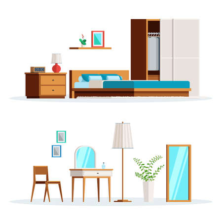 Scene bedroom interior set isolated on white background. Flat style trendy  vector illustration for web banner or printのイラスト素材