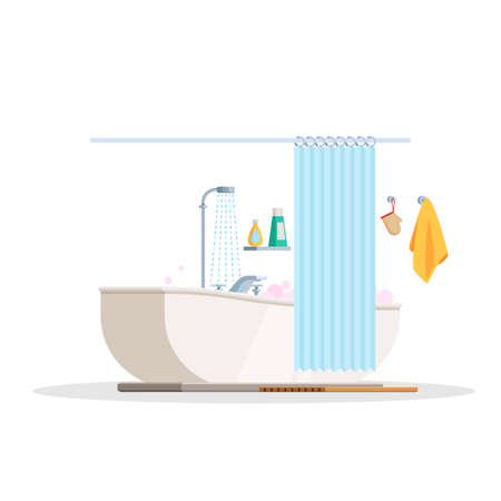 Scene is a bathroom interior. Bubble bath and shower curtain. Vector illustration in trendy design isolated on white background for publications and promotional materialsのイラスト素材