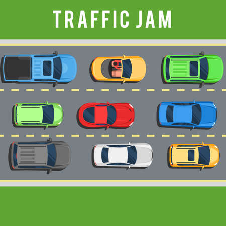 Traffic jam, transport collapse on road. Many cars on road top view concept. Color Flat style vector illustration background for web design or printのイラスト素材