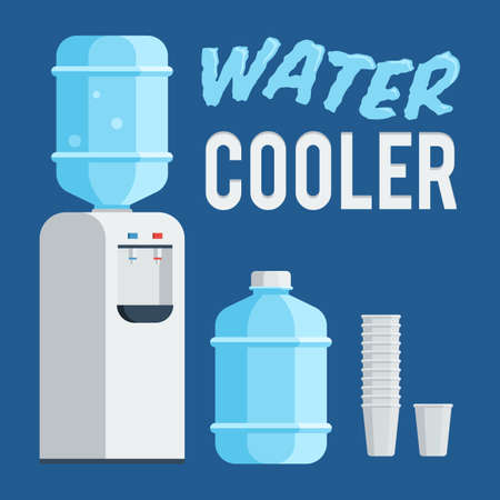 Water cooler, bottle and cup. Concept the water balance. Flat style trendy vector illustration isolated on dark blue backgroundのイラスト素材