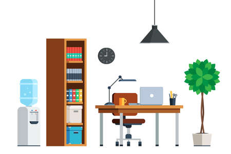 Workplace interior furniture: desk, laptop, chair, bookcase, water cooler, tree, lamp, clock. Office theme web banner. Flat style trendy vector illustration isolated on white backgroundのイラスト素材