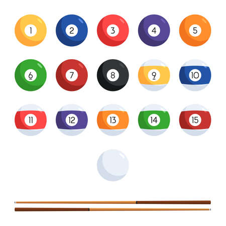 Colored billiard balls with numbers and cue. The character set of balls for the pool. Vector...