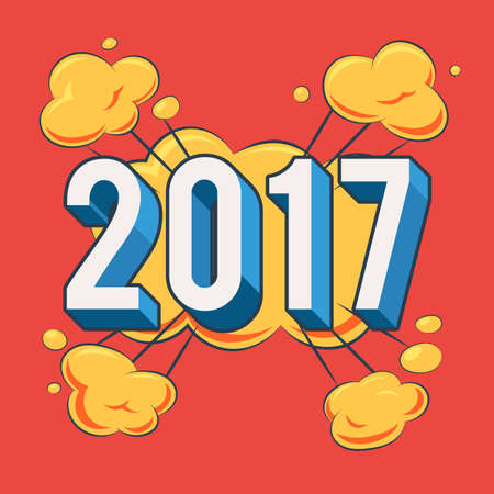 Happy New Year 2017. Bang bubble, bomb explosive with Starburst. Calendar template. Holidays vector...