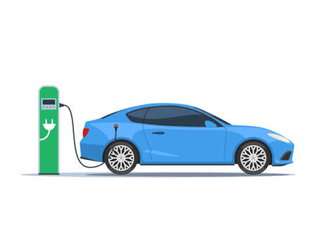 Blue electric car and electric charger station. The concept of environmentally friendly fuel. Vector illustration in flat style isolated on white backgroundのイラスト素材
