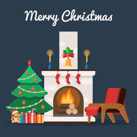 Christmas tree with, gift box and toy by the fireplace. Christmas room interior. Vector illustration in trendy flat style for web design banner, greeting card or print posterのイラスト素材