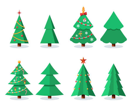Christmas tree set sign with toy and candy. Vector flat illustration icon isolated on white backgroundのイラスト素材