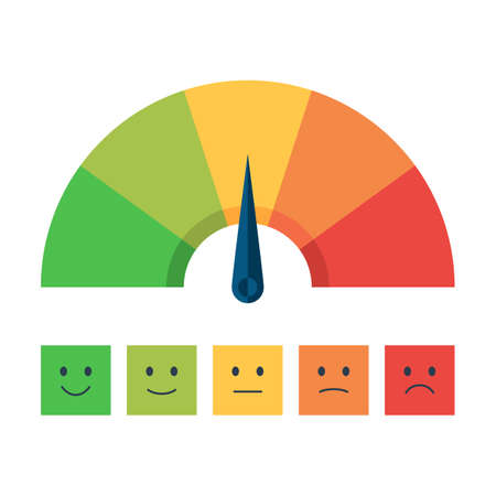 Color scale with arrow from red to green and the scale of emotions. The measuring device icon: sign tachometer, speedometer, indicators. Vector illustration in flat style isolated on white backgroundのイラスト素材