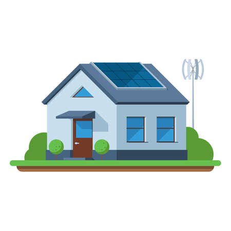 Eco friendly house. Green energy. Solar and wind power. Smart home concept. Vector illustration in trendy flat style, isolated on white backgroundのイラスト素材