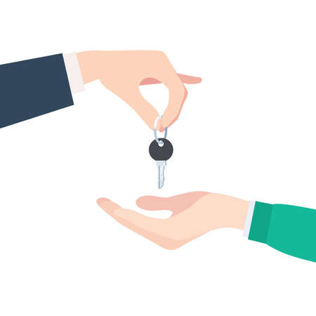 Buying or renting a new apartment or car. Hand giving keys. Vector illustration in trendy flat style, isolated on white backgroundのイラスト素材