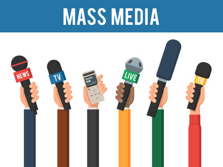 Hands with a MIC and recorder. Mass media interview concept. The reporters of news channels. Vector illustration in trendy flat style, isolated on a white backgroundのイラスト素材