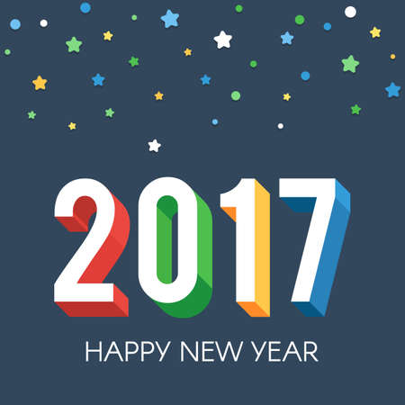 Happy New Year 2017. Calendar template with colorful confetti stars and circle. Vector illustration in trendy cartoon style for poster, web banner or greeting cardのイラスト素材