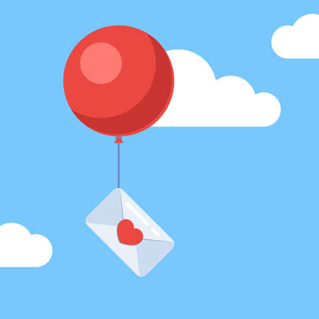 A love letter tied to a balloon flying in the sky. Love mail concept. Vector illustration in trendy flat styleのイラスト素材