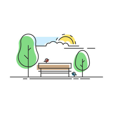City Park with a bench and birds. Icon Central Park. Vector illustration in trendy flat linear style with color shapes isolated on white backgroundのイラスト素材