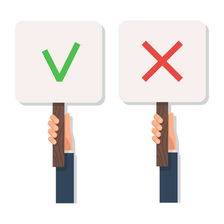 Hands holding a signs with green check mark and red cross. The concept of voting. Vector illustration in flat style for Wed banner or poster designのイラスト素材