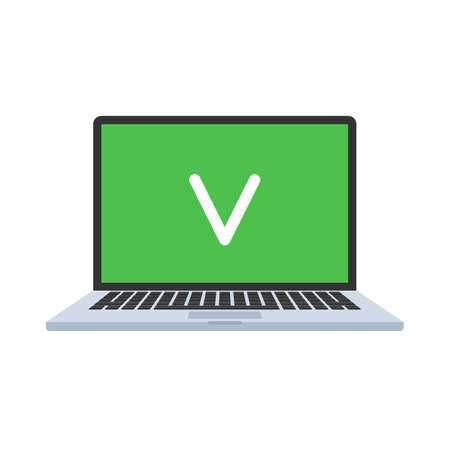 Laptop with check mark on green screen. Ok concept icon. Vector illustration in flat style isolated on white backgroundのイラスト素材